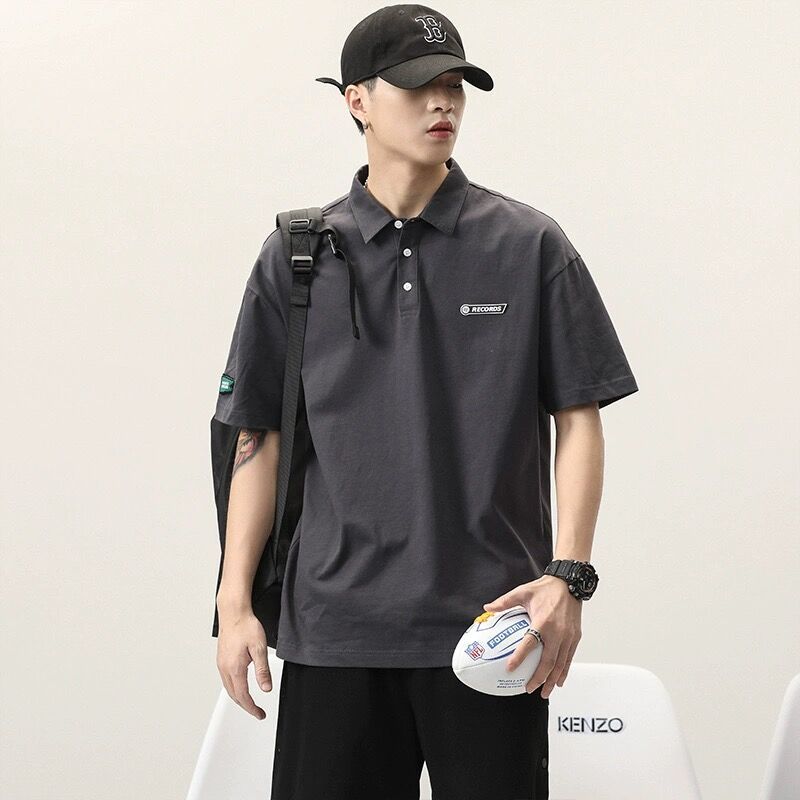 日系polo衫短袖有领t恤男夏季宽松美式复古痞帅设计感棒球风衬衫