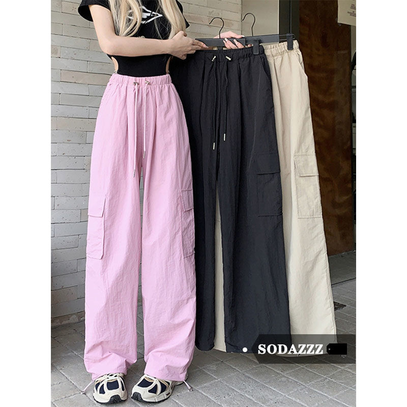 SODAZZZ thin overalls women's summer drawstring sports pants high waist straight casual wide-leg trousers