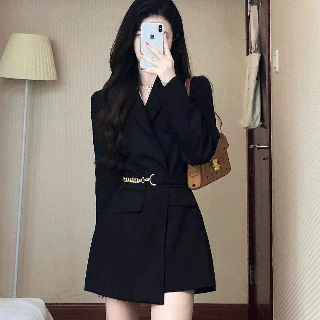 Black suit jacket for women spring and autumn new Korean version high-end fashion temperament loose mid-length suit top