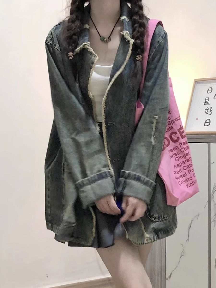 美式復古牛仔外套女春秋設計感小眾寬鬆休閒百搭破洞毛邊夾克上衣