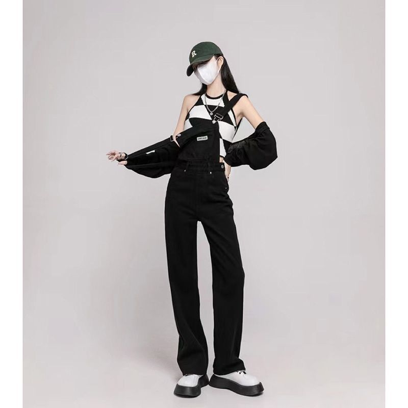 Black denim overalls for women  spring and autumn new high-waisted loose wide-leg design jumpsuit for small people