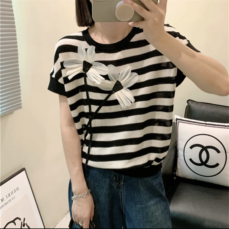 藍海奕諾重工立體花朵短袖條紋冰絲針織T恤2023女夏寬鬆顯瘦小衫