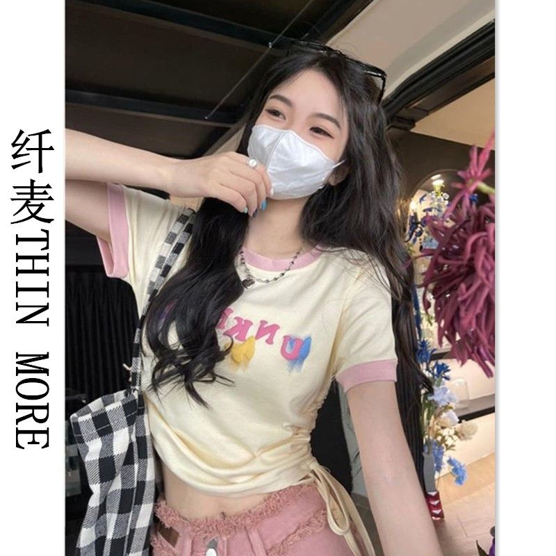Fianmai THIN MORE sweet and spicy style navel-baring short-sleeved T-shirt women's slimming short round neck bottoming top trendy