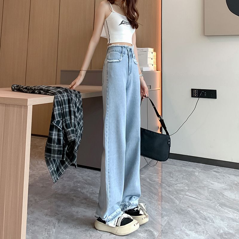 YSYOURS夏天薄款淺色闊腿牛仔褲女高腰顯瘦大碼毛邊拖地直筒長褲