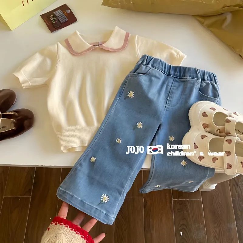 韓國童裝女童牛仔褲2023春秋新款花朵刺繡寶寶直筒褲兒童休閒褲子