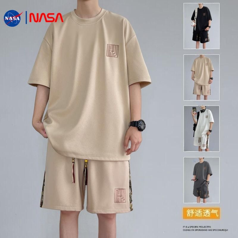 NASA官方旗舰店套装男女夏季宽松短袖短裤一整套国潮刺绣民族风帅