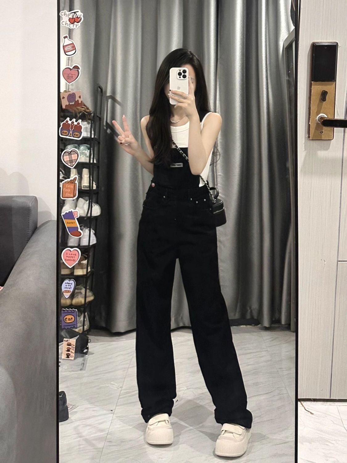 Black denim overalls for women  spring and autumn new ins trendy high-waisted loose slimming age-reducing straight overalls