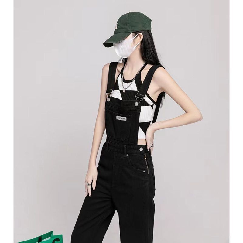 Black denim overalls for women  spring and autumn new high-waisted loose wide-leg design jumpsuit for small people