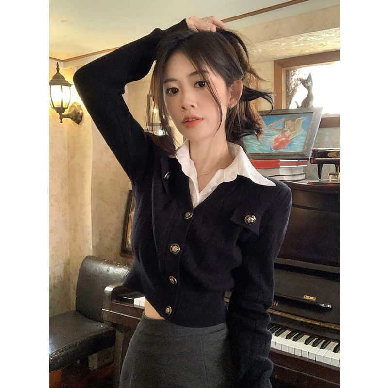 假兩件短款針織衫女裝秋季2023新款polo領修身顯瘦設計感小眾上衣
