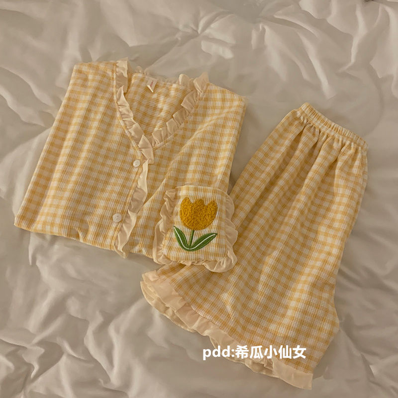 奶乎乎鬱金香睡衣女夏季天新款短袖ins風日系格子學生外穿家居服