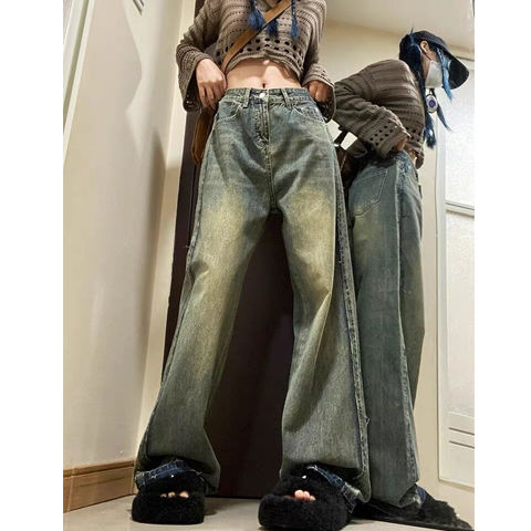 美式高街水洗做舊闊腿牛仔褲女新款潮牌bf風復古寬鬆直筒拖地長褲