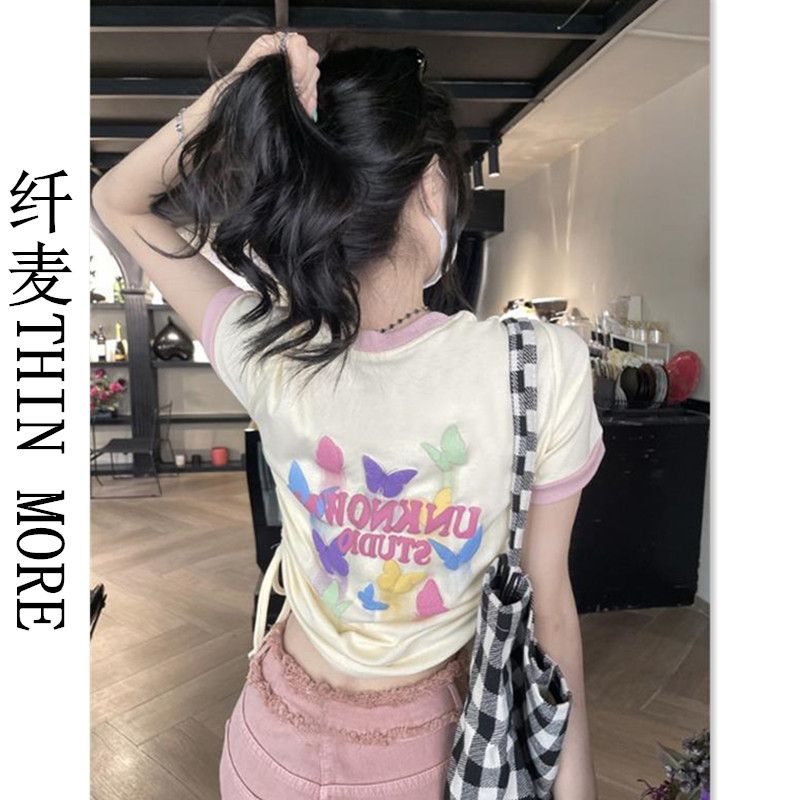 Fianmai THIN MORE sweet and spicy letter printed short-sleeved T-shirt for women summer new slim short top ins trend