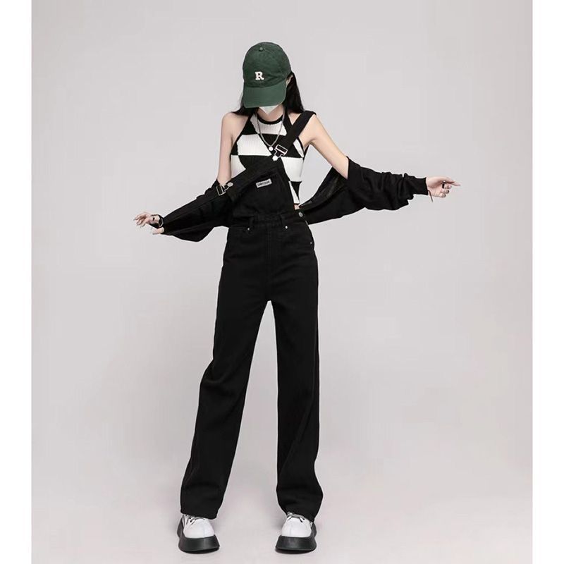 Black denim overalls for women  spring and autumn new high-waisted loose wide-leg design jumpsuit for small people