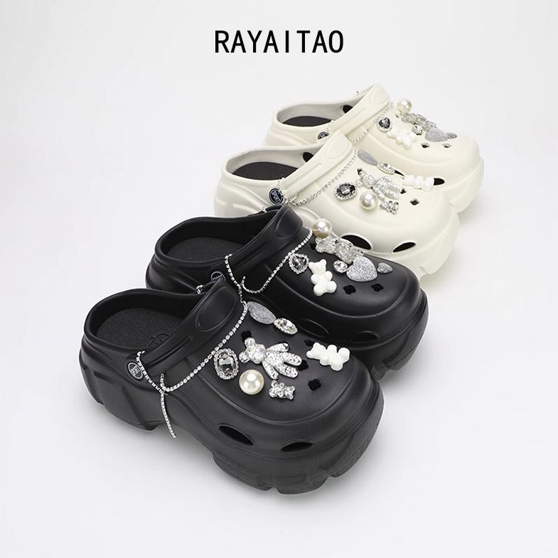 RAYAITA thick-soled clogs women's non-slip DIY bear chain increased platform sandals beach slippers outer sandals