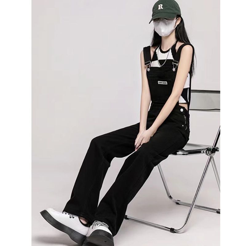 Black denim overalls for women  spring and autumn new high-waisted loose wide-leg design jumpsuit for small people