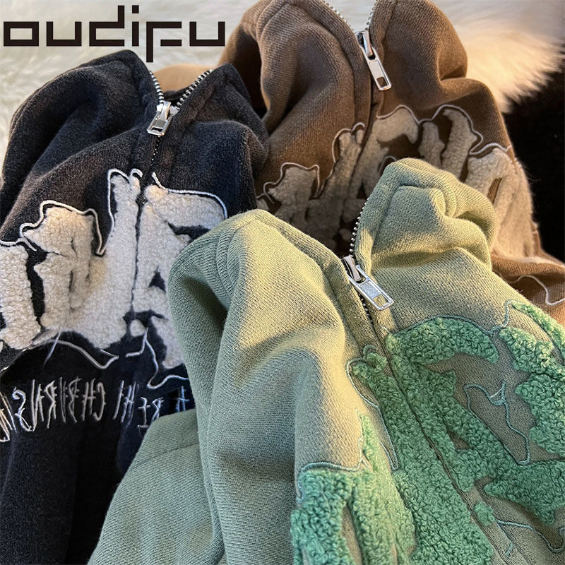 OUDIFU純棉連帽衛衣女秋冬2023新款設計感小眾加絨加厚學生上衣潮