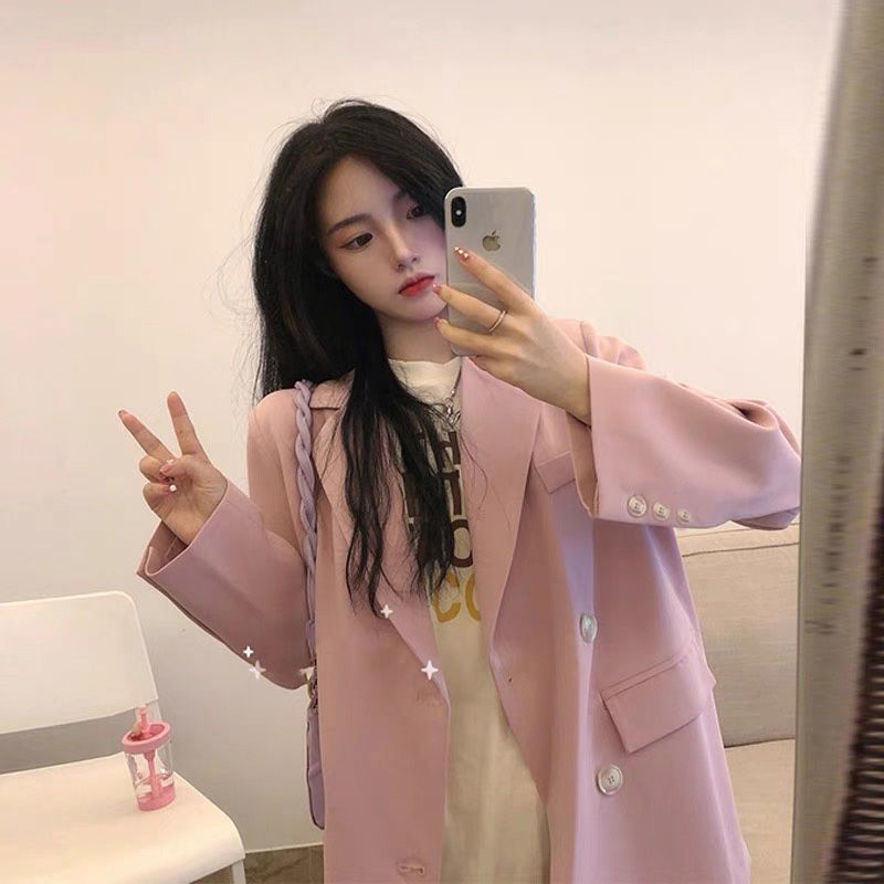 High-end pink double-breasted suit jacket for women Korean style mid-length casual versatile trendy suit top