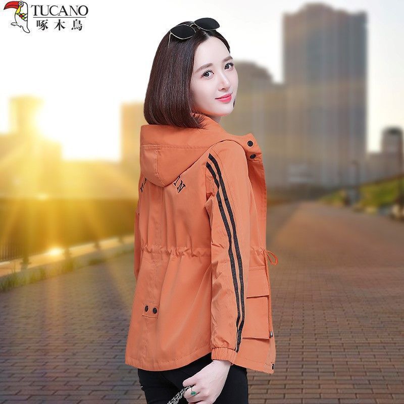 Woodpecker high-end women's windbreaker spring and autumn 2023 new Korean version of the small slim hooded waist all-match coat
