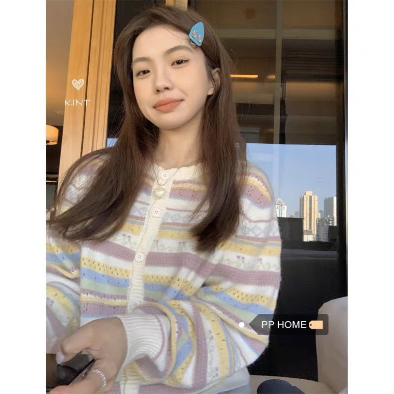 甜美氣質鏤空提花開衫上衣女2023秋季新款寬鬆顯瘦長袖針織衫毛衣
