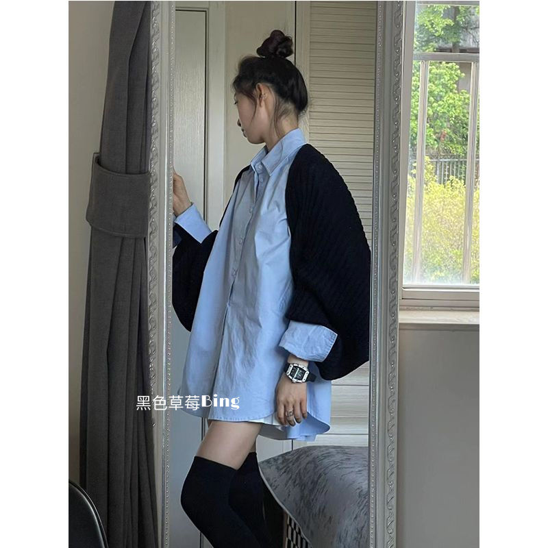 氣質藍色襯衫小眾設計感上衣秋季韓系高級感寬鬆長袖外搭防曬襯衣