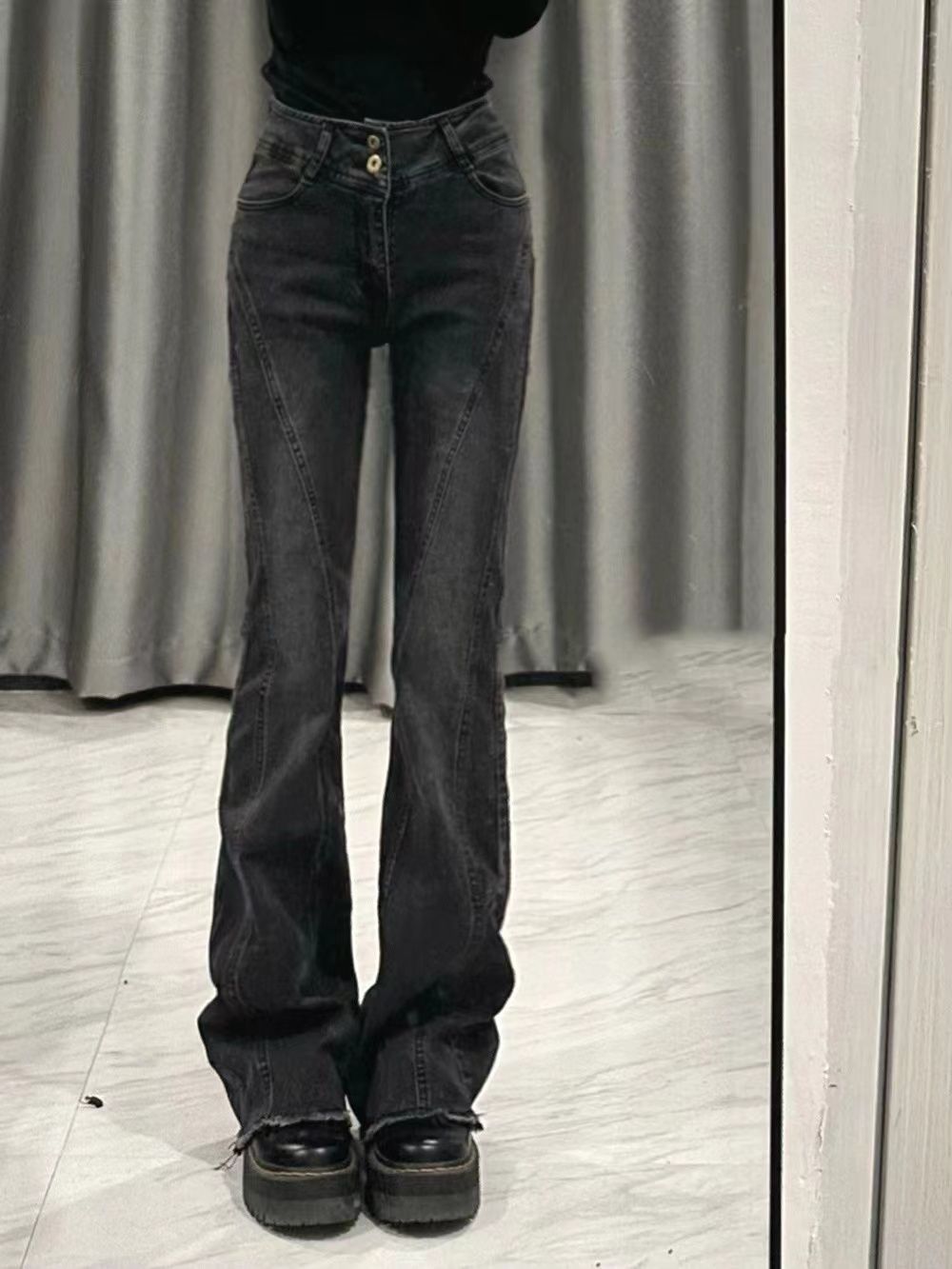 黑灰色微喇叭牛仔褲女修身顯瘦拖地長褲彈力毛邊不規則做舊馬蹄褲