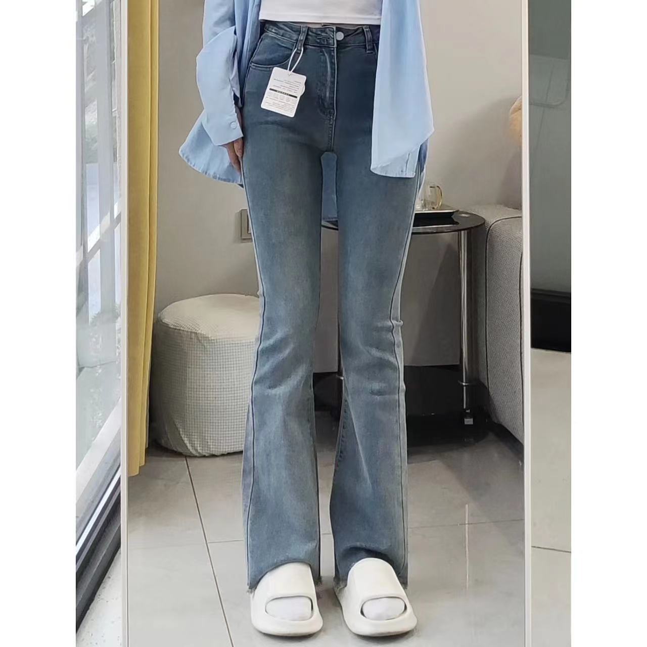 秋冬季淺藍色微喇叭牛仔褲女修身顯瘦彈力毛邊拖地長褲馬蹄美式潮