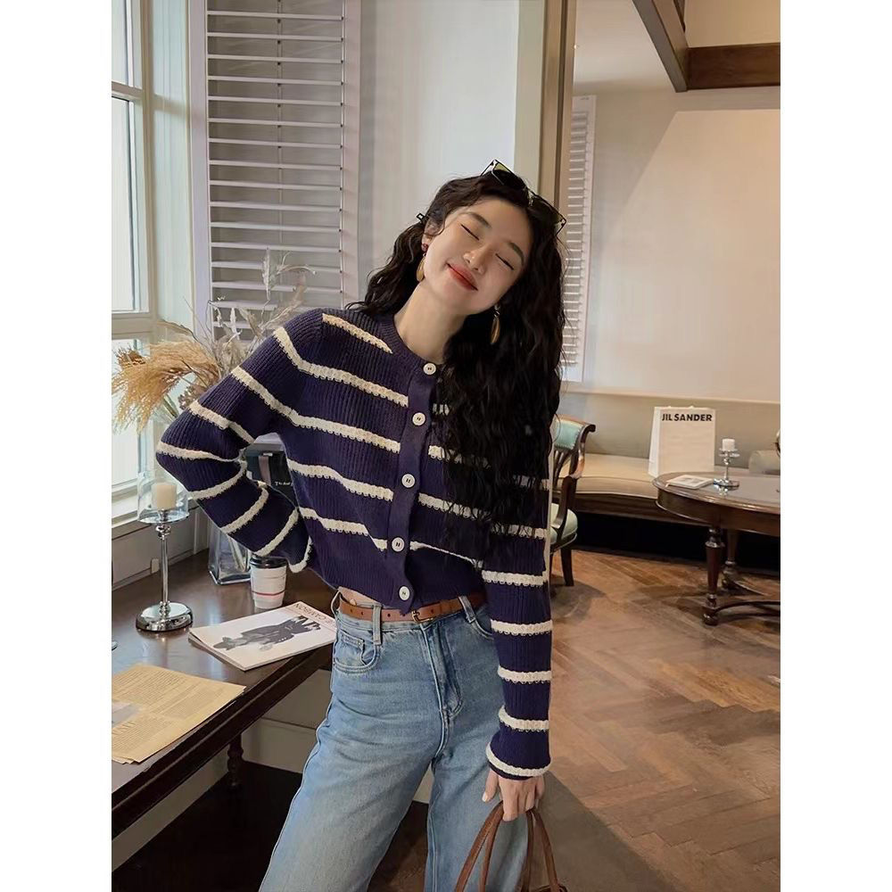 三吉黑花 條紋針織開衫短款毛衣外套今年流行爆款獨特上衣超好看