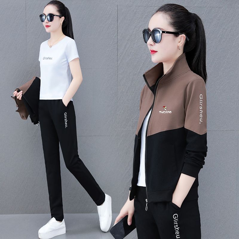 Woodpecker sportswear suit female 2022 spring and autumn new stand-up collar foreign style three-piece suit color matching fashion casual women's clothing