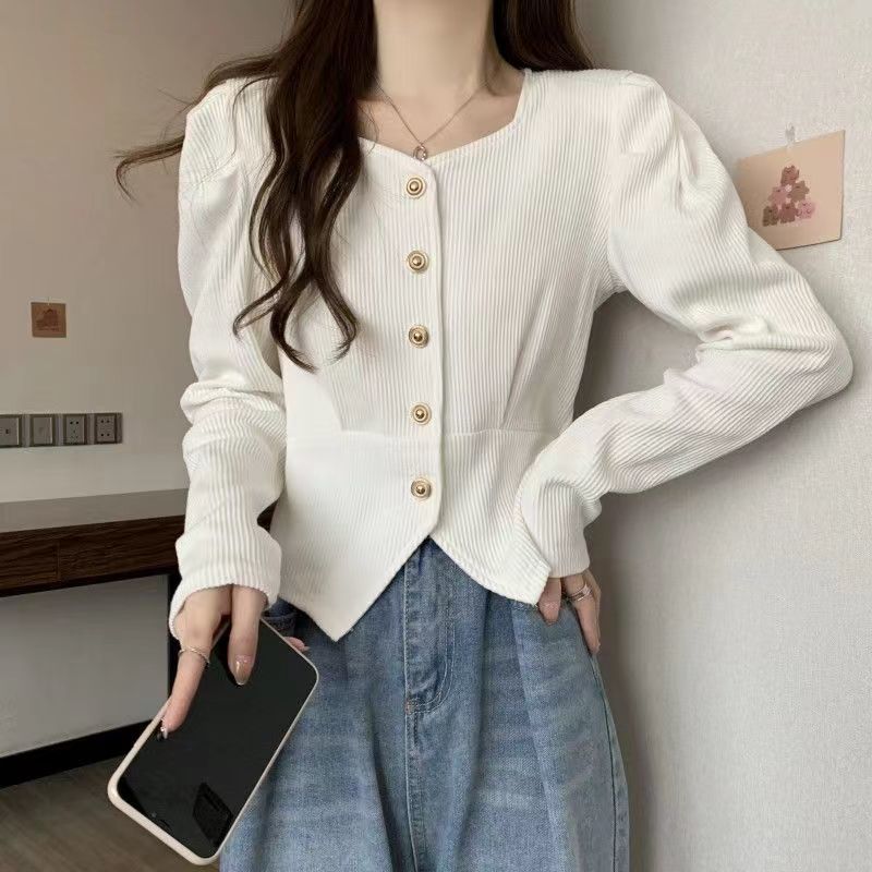大碼女2023春裝新款洋氣減齡泡泡袖方領打底衫胖妹妹顯瘦外套上衣