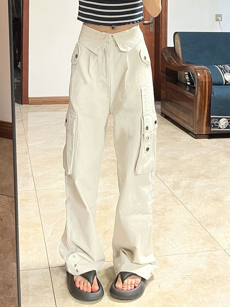 White turn-waist workwear casual pants for women in autumn new style high-waisted loose wide-legged slim versatile straight-leg floor-length mopping pants