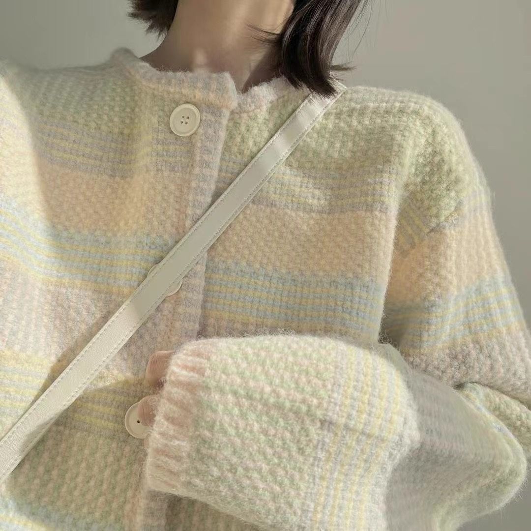 彩色條紋針織開衫女休閒2023秋冬新款外套設計感小眾寬鬆感針織衫