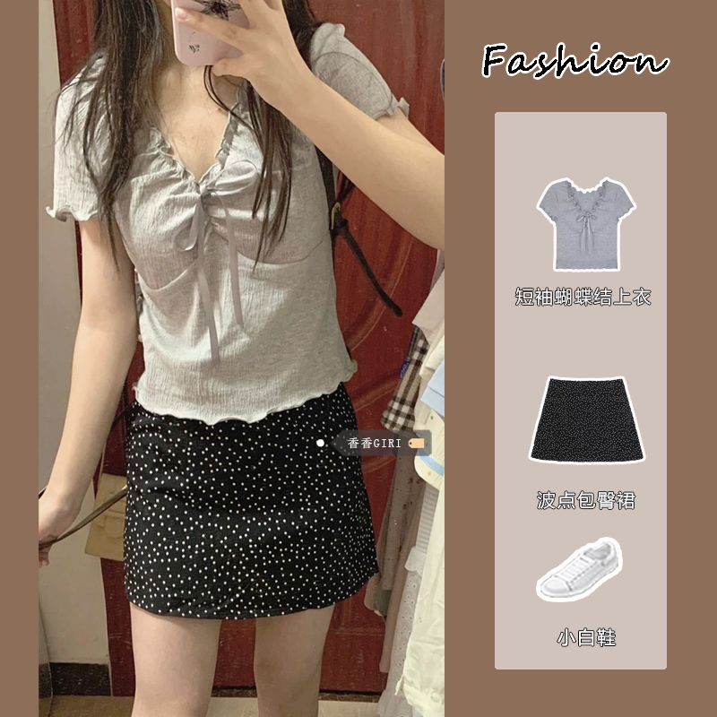 純欲風修身波點包臀裙套裝女夏短袖蝴蝶結上衣收腰辣妹a字半身裙