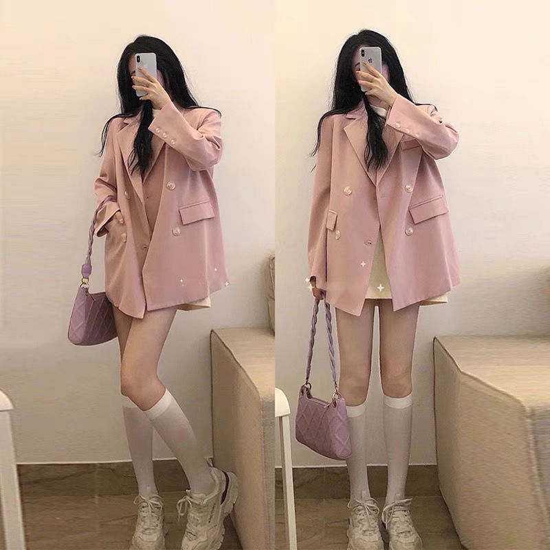 High-end pink double-breasted suit jacket for women Korean style mid-length casual versatile trendy suit top