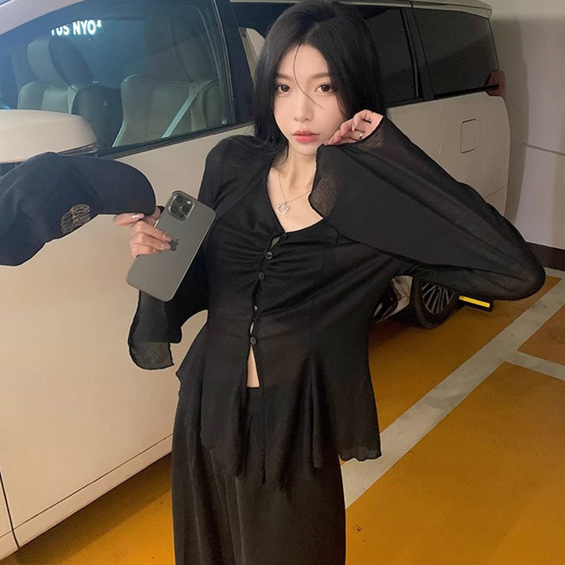 純欲風防曬開衫女裝夏季2023新款薄款設計感V領喇叭長袖甜美上衣