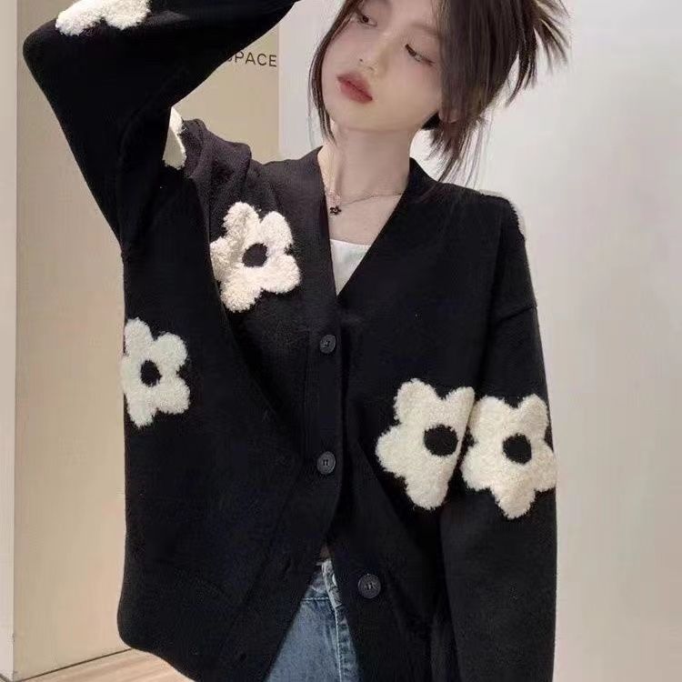 2023新款秋季V領立體嵌花慵懶顯瘦花朵針織衫開衫毛衣外套女上衣