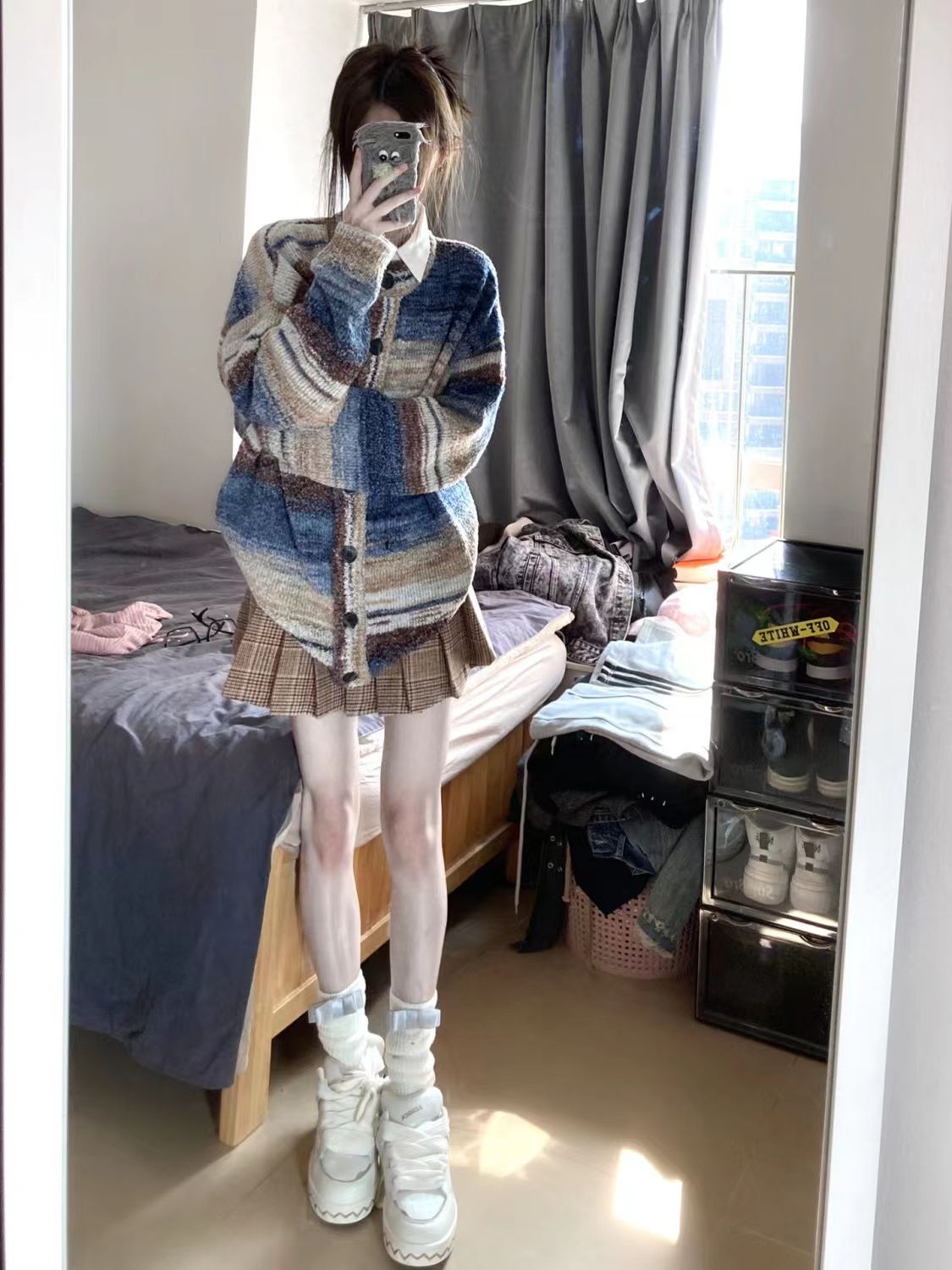 American knitted cardigan loose retro lazy style oil painting rainbow stripe gradient long-sleeved spring and autumn sweater jacket for women