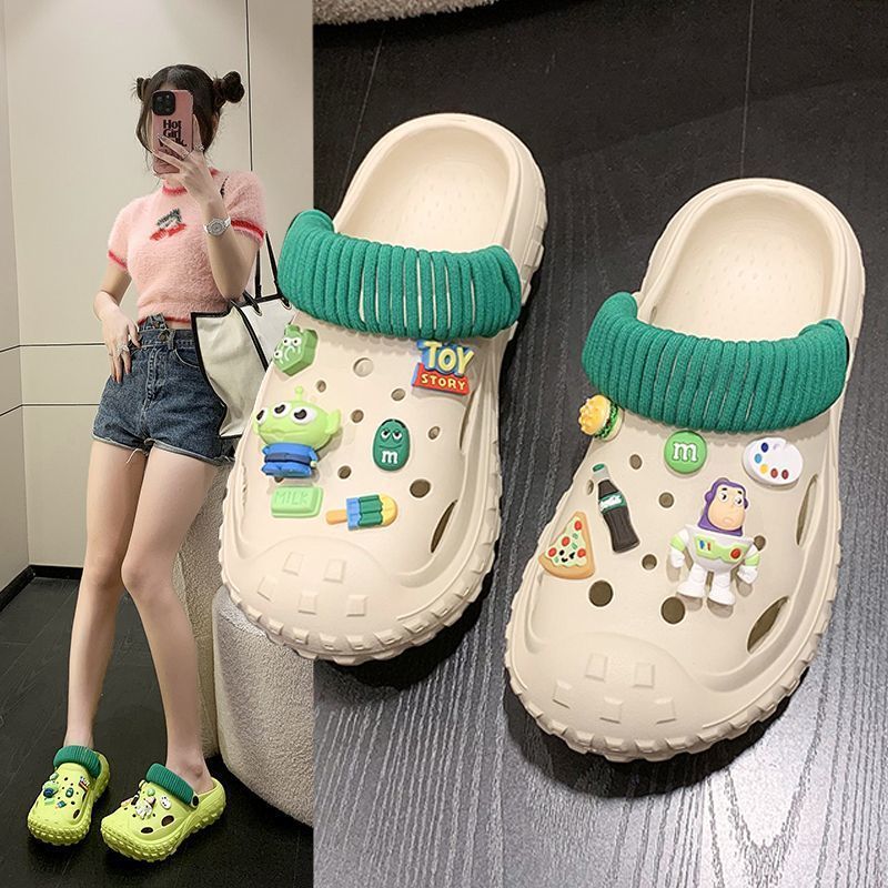 Croc Shoes Women's Summer Outerwear 2023 New Thick-soled Anti-Slip Treading Feeling Beach Baotou Half-Flop Sandals Women's Summer