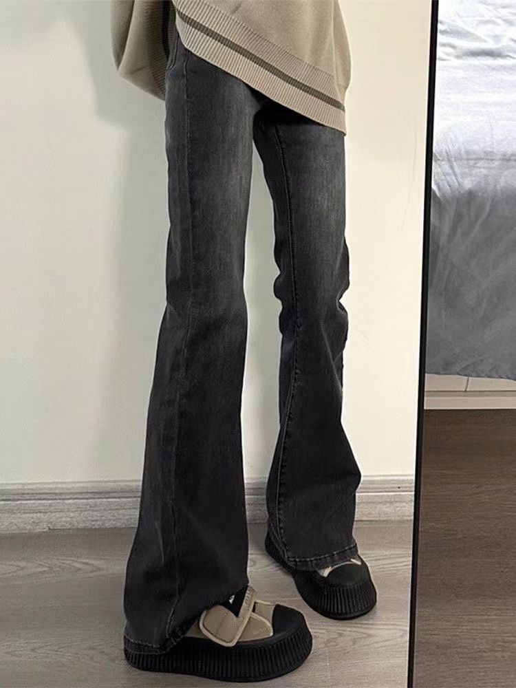 黑灰色彈力微喇叭牛仔褲女高腰彈力拖地長褲秋冬季復古水洗馬蹄褲