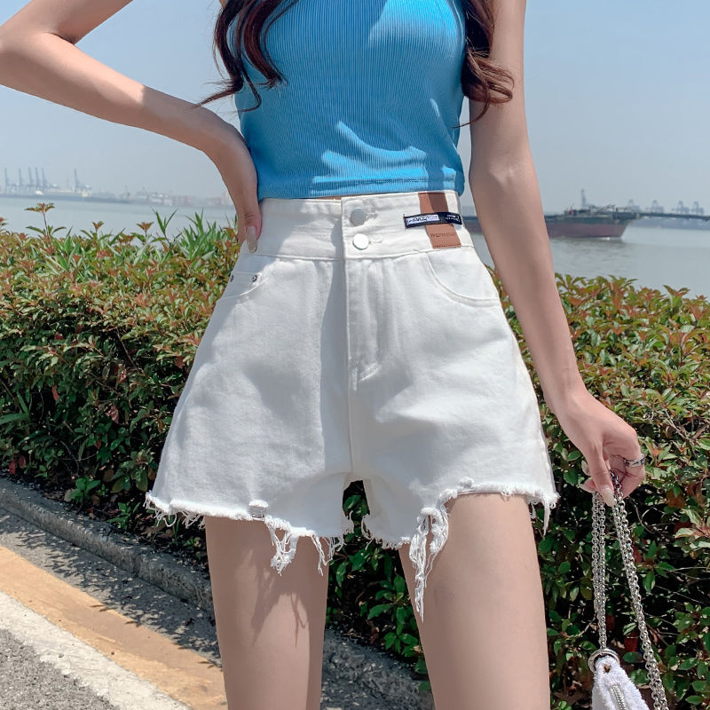 白色牛仔短褲女夏季新款高腰雙扣毛邊闊腿寬鬆顯瘦a字外穿熱褲