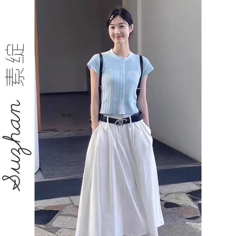 韓系夏日百搭藍色港風復古刺繡針織衫上衣女新款小衫多巴胺穿搭潮