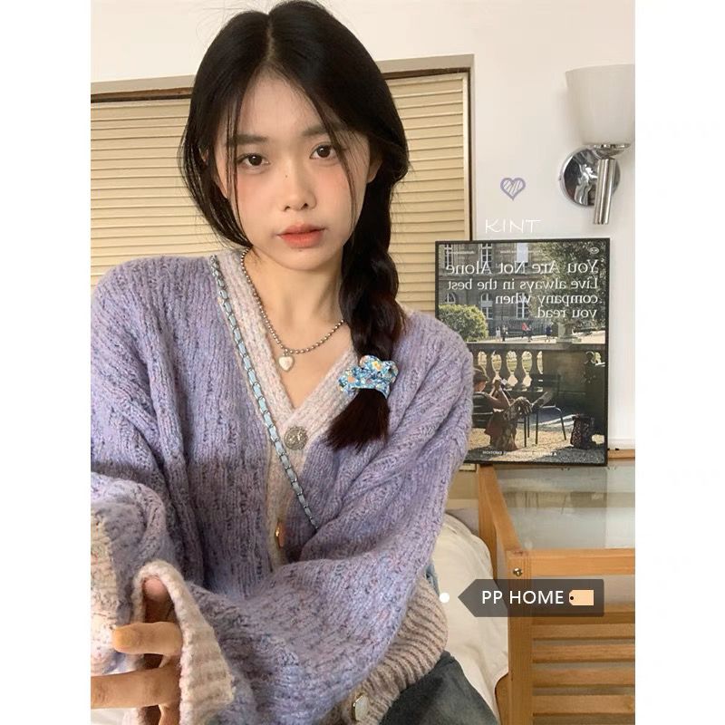 PPHOME甜稚學妹~加厚古着針織開衫秋冬單排扣復古毛衣套寬鬆上衣