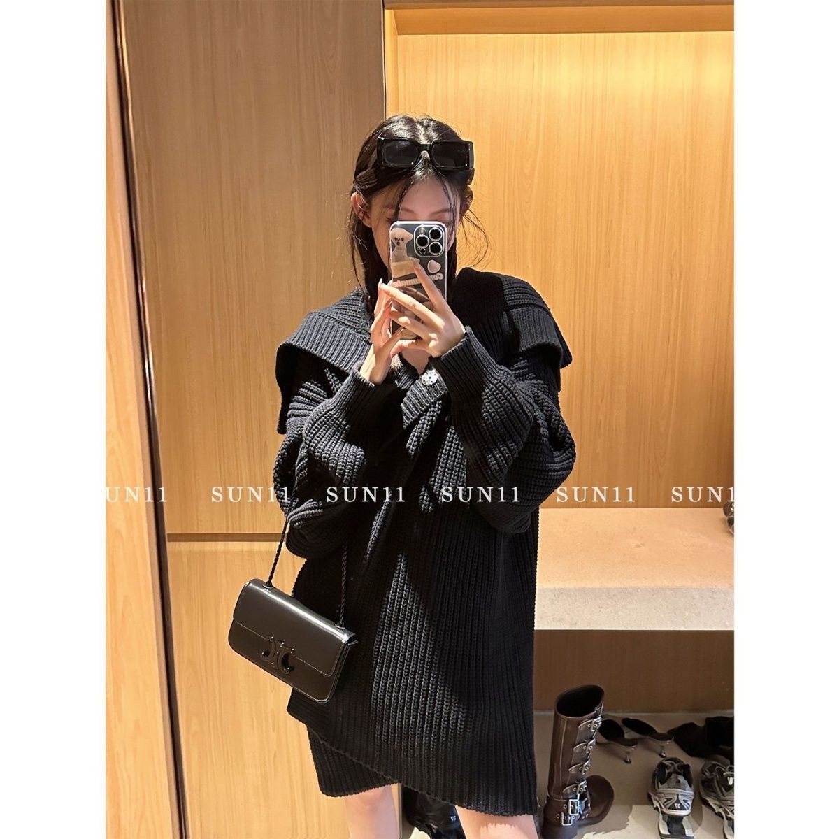 SUN11 黑色翻領毛衣外套女設計感小眾早春慵懶風寬鬆外穿針織開衫