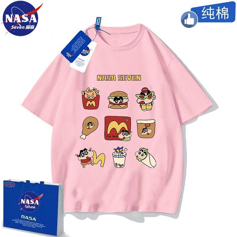 NASA聯名蠟筆小新短袖男女童夏季純棉T恤粉色多巴胺中大童裝衣服