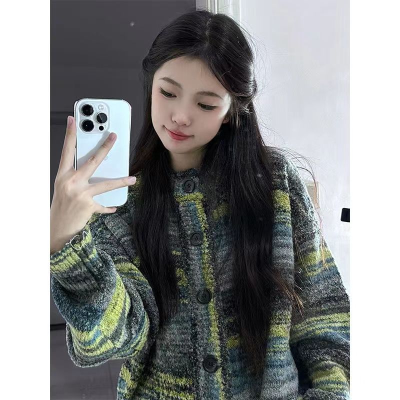 復古漸變彩色條紋毛衣外套女學生春秋新款慵懶風寬鬆針織開衫上衣