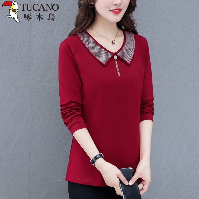 Woodpecker bottoming shirt women's spring and autumn long-sleeved t-shirt V-neck fashion Korean style loose all-match mid-length casual top