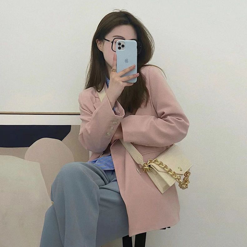Pink small casual versatile suit jacket for women spring and autumn Korean version ins loose slim suit top trendy