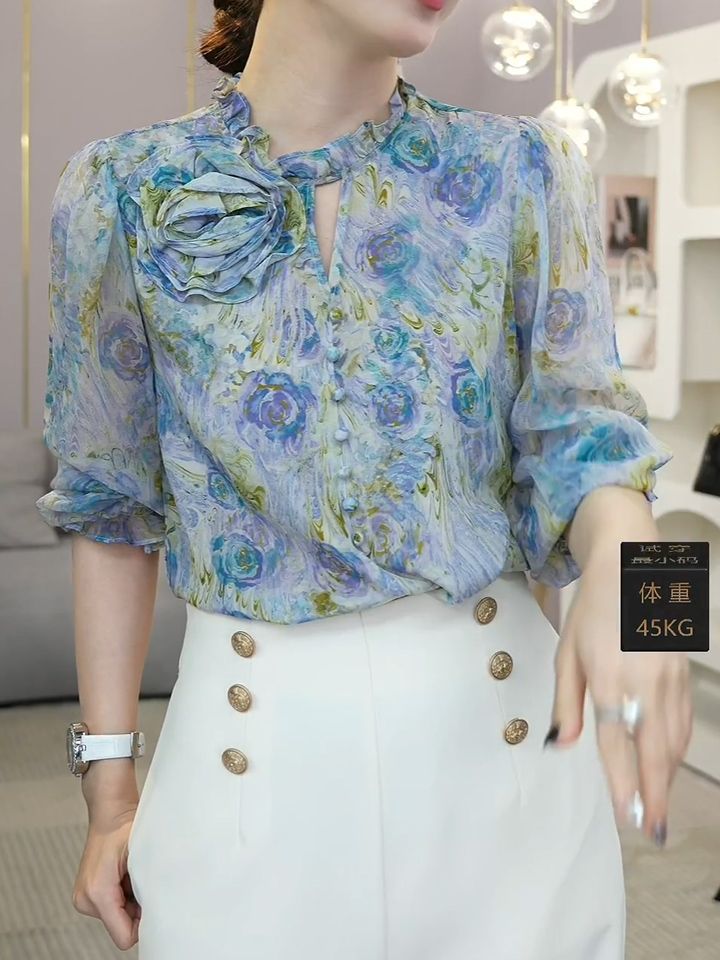 時尚減齡簡約通勤印花襯衫2023夏季中國風淑女復古顯瘦百搭上衣