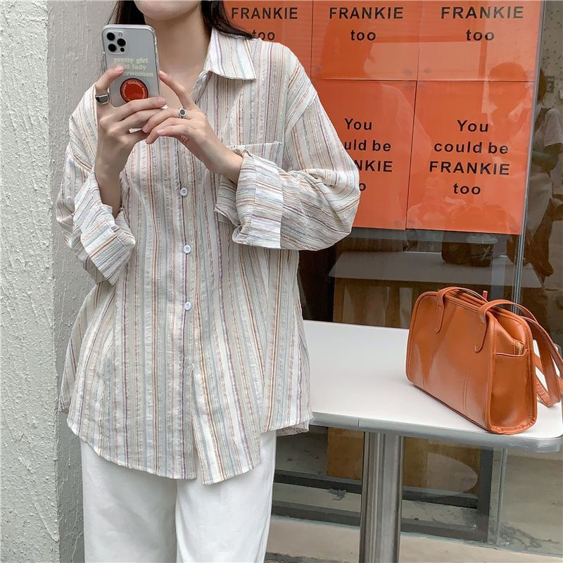 格瑞吉奧小清新條紋襯衫女夏季新款棉寬鬆系扣防曬設計感小眾上衣