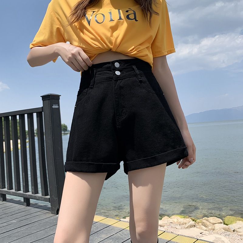 黑色高腰薄款牛仔短褲女夏新款卷邊a字寬鬆顯瘦直筒闊腿雙扣熱褲