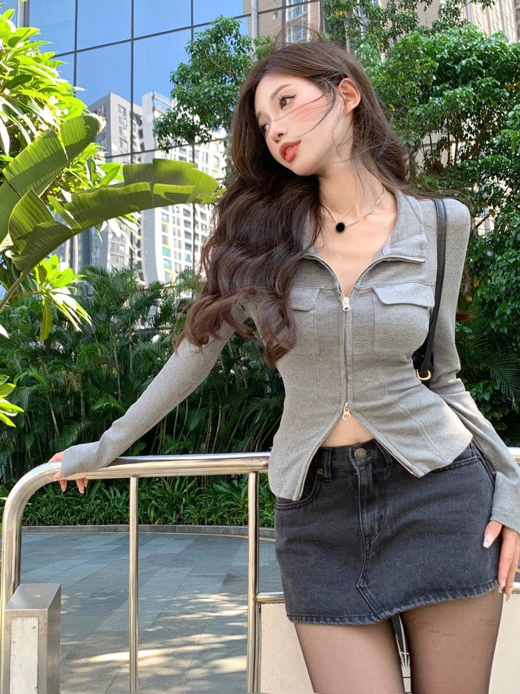 灰色雙拉鏈polo領t恤女長袖設計感高級收腰顯瘦外套短款上衣春秋